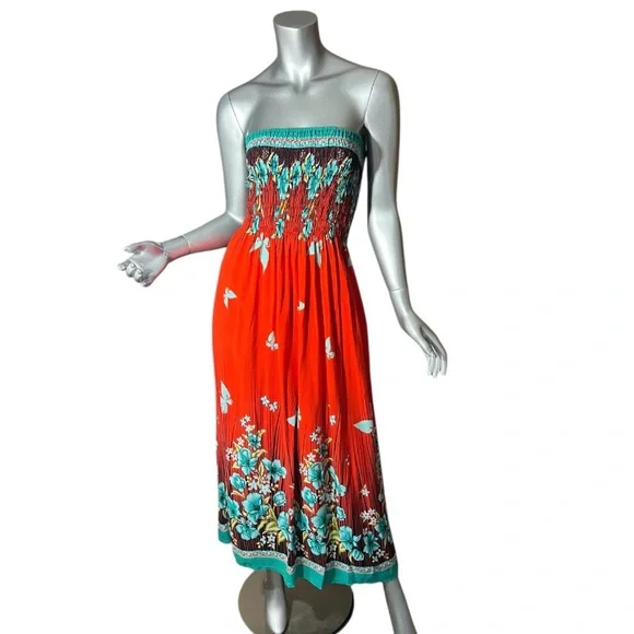 Vintage | Dresses | Vntg Handmade Maxi Dress Strapless Smocked Floral Orange  Turquoise Smallmedium | Poshmark